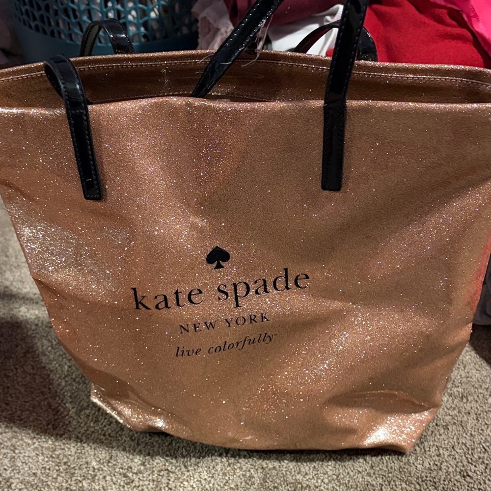kate spade Rose Gold Glitter Tote with Black Handles
